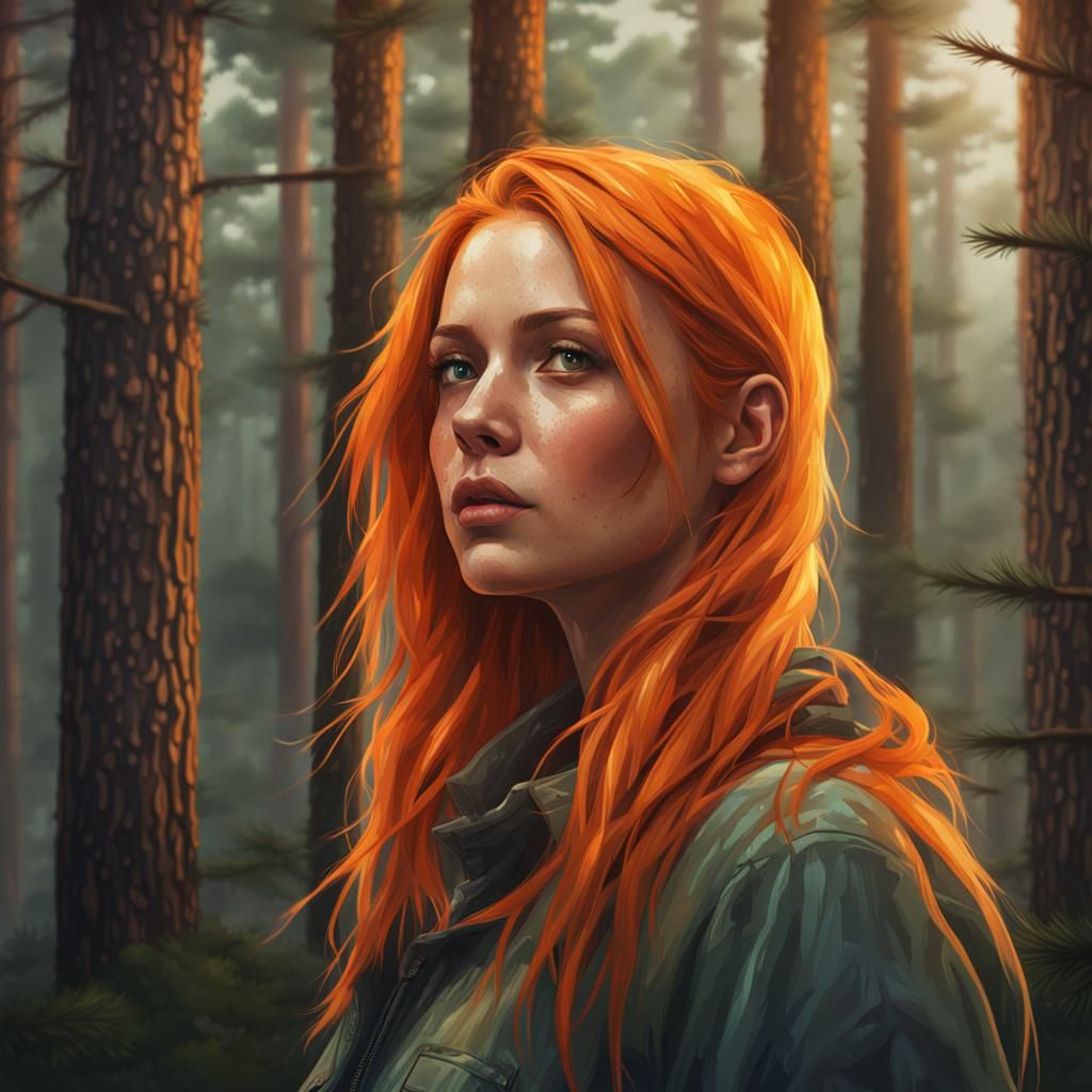 Beautiful Woman with Orange Hair in Forest