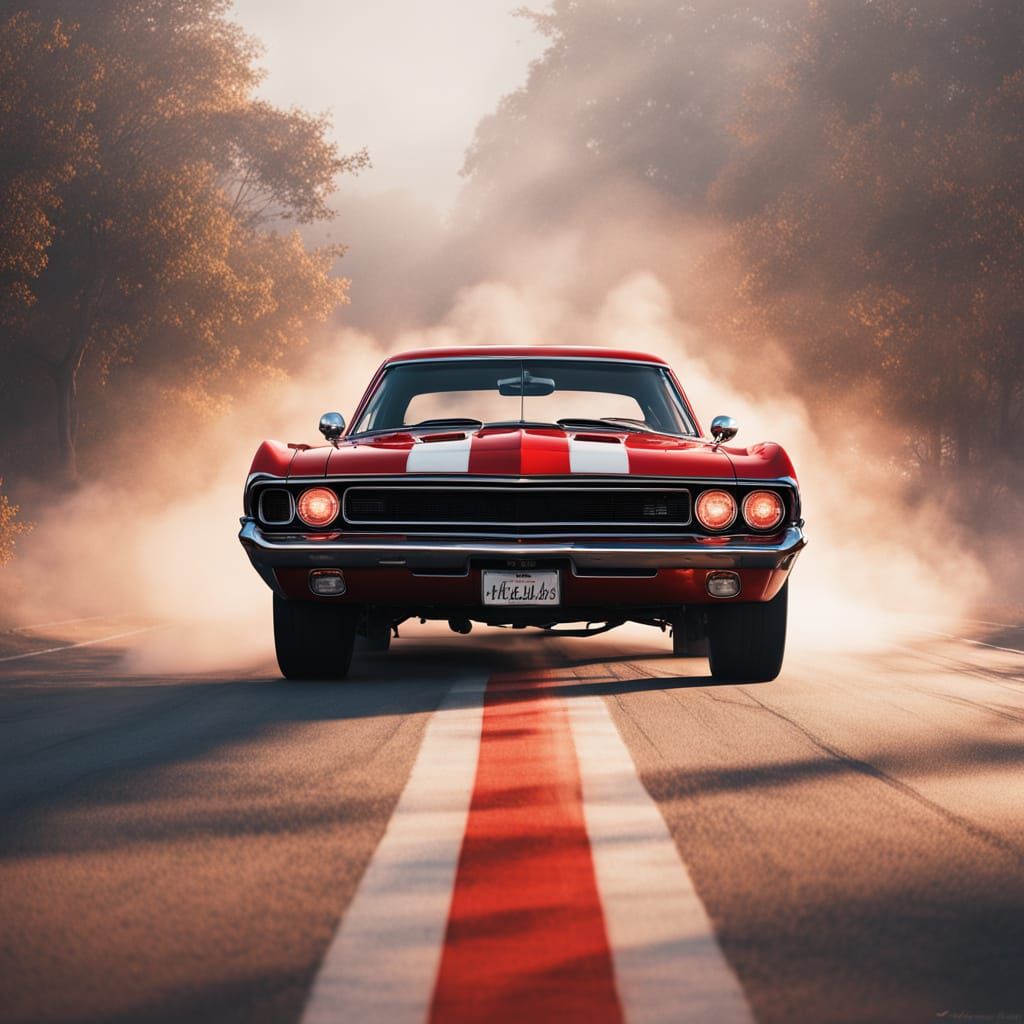 Ethereal Muscle Car Cruises Through Misty Golden Hour