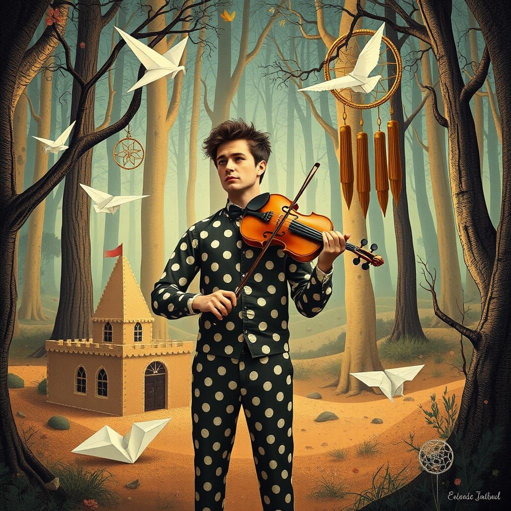 Surreal Violinist in Graphic Forest