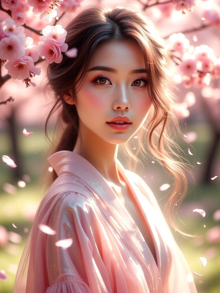 East Asian Woman in Cherry Blossom Garden