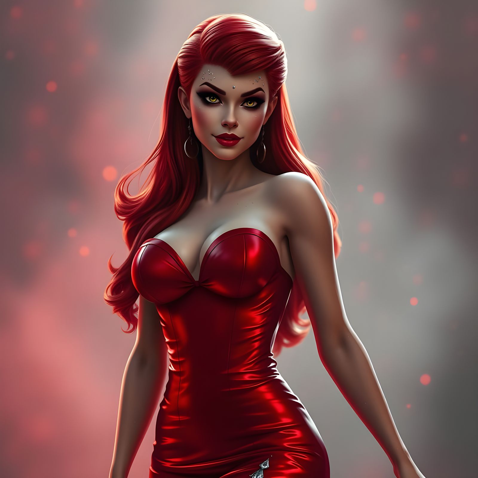 Sultry Red Goddess in Vibrant Fantasy Landscape