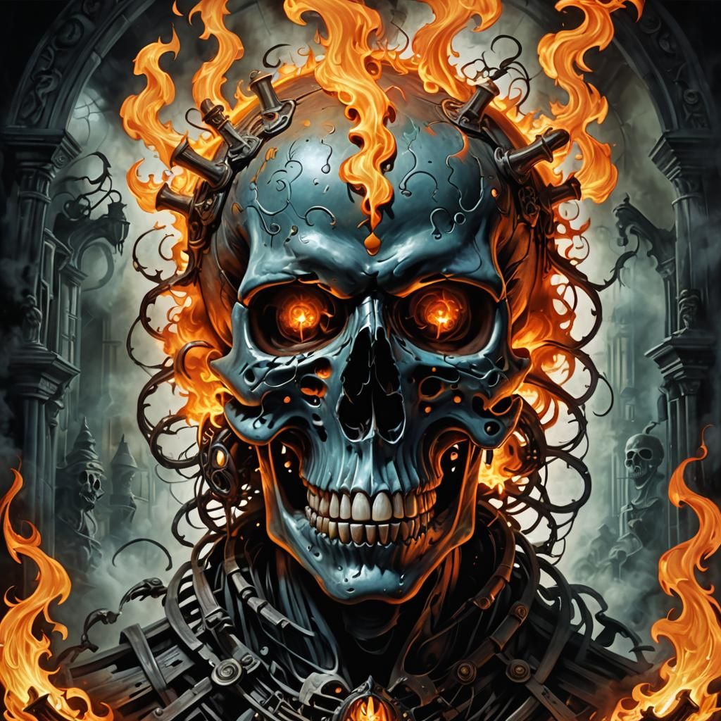 Fierce Flaming Skull in Haunted Mansion: Airbrush Art