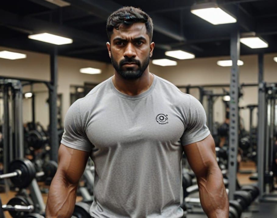 Strong South Asian Gym Enthusiast Lifting Weights in a Well-...