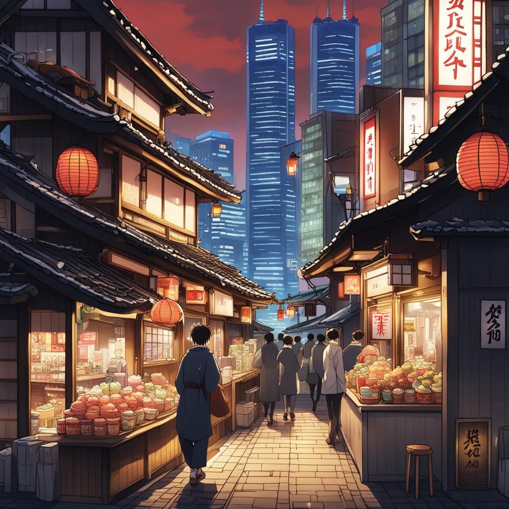 Omoide Yokocho and Tokyo Skyscrapers in Anime Style