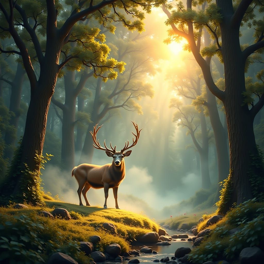 Majestic Stag in Sun-Dappled Forest Clearing