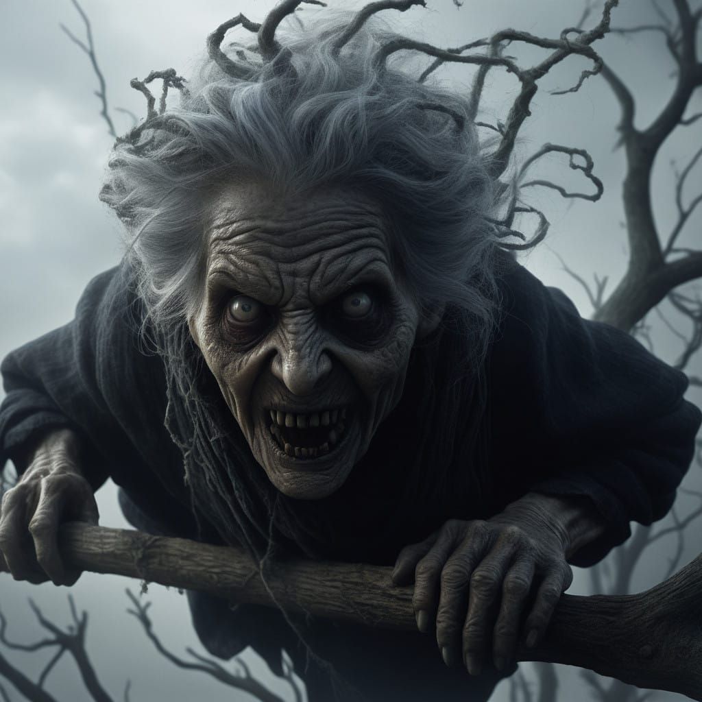 Grotesque Witch on Broomstick in Haunting Photorealistic Sce...