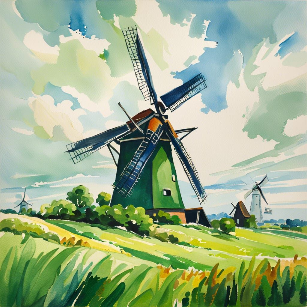 Windmills on Green Field in Impressionist Gouache Style