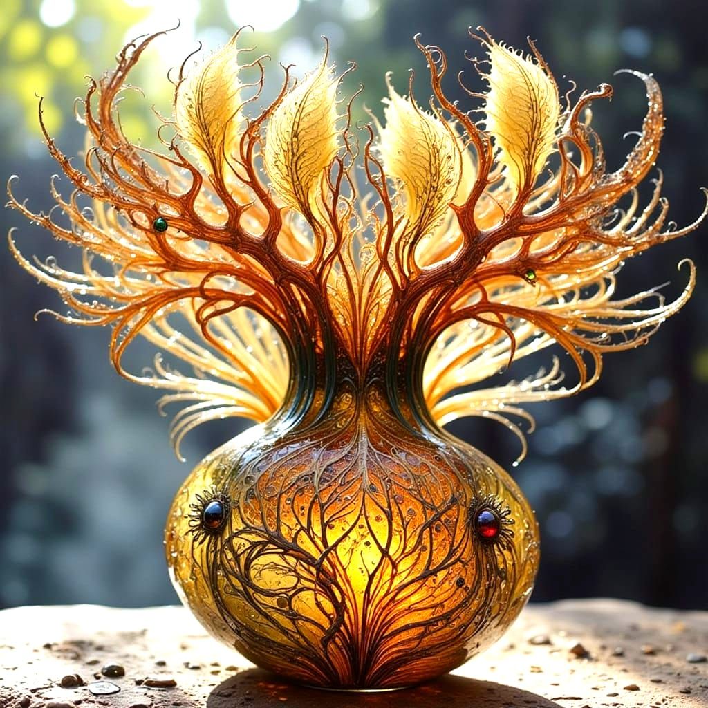 Intricate Glass Vase with Filigree Petals and Windswept Hair