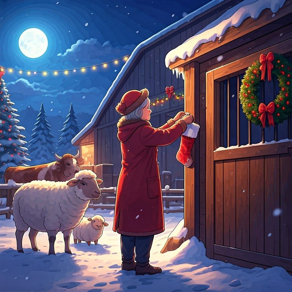 Snowy farm yard, sixty five year old female farmer giving st...