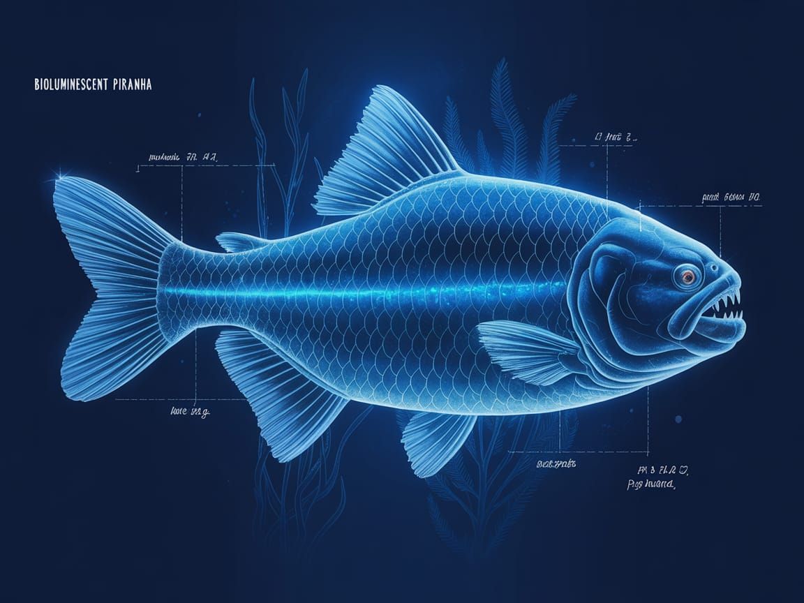 Bioluminescent Piranha Blueprint in Prussian Blue