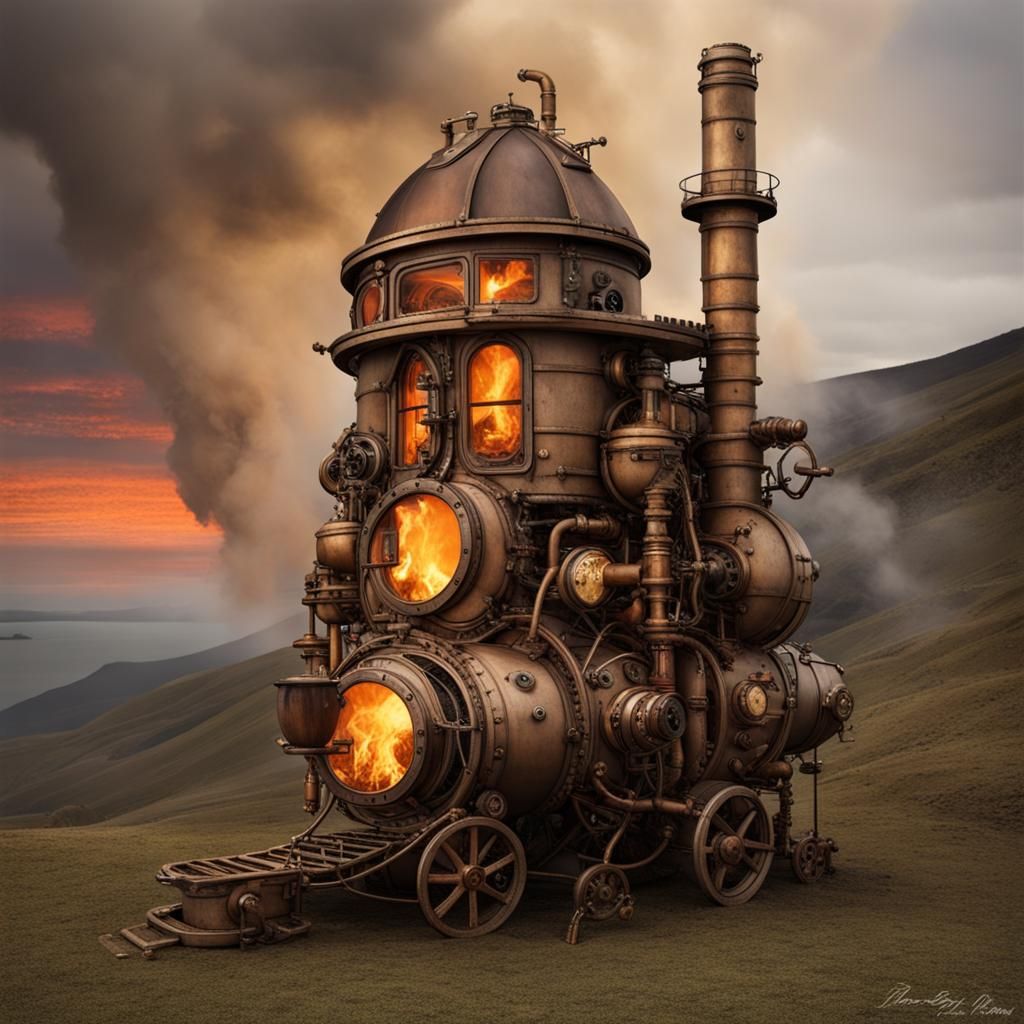 Burning House Beside Volcano with Steampunk Engine