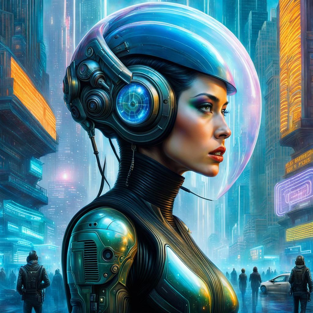 Cyberpunk Woman in an Alien City Double Exposure