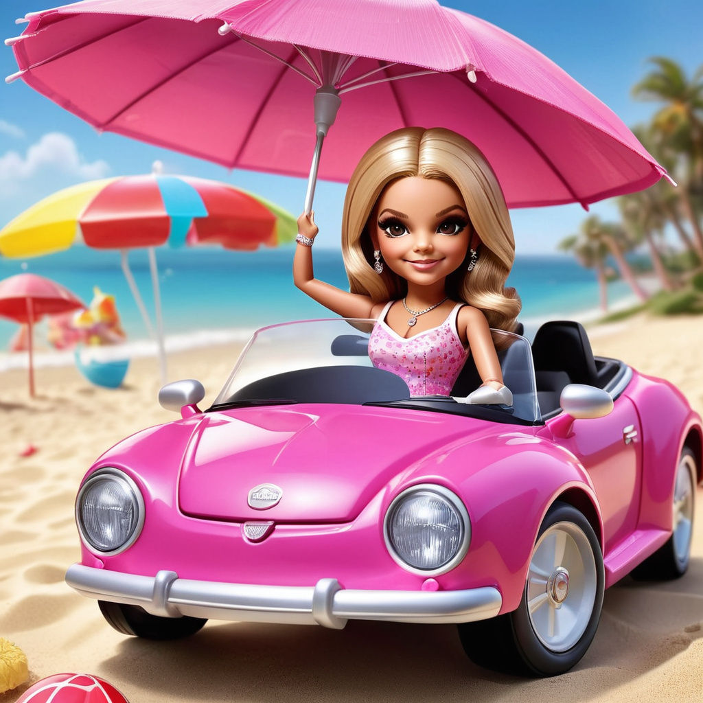 Cartoon Barbie Cruises to the Beach in Her Convertible