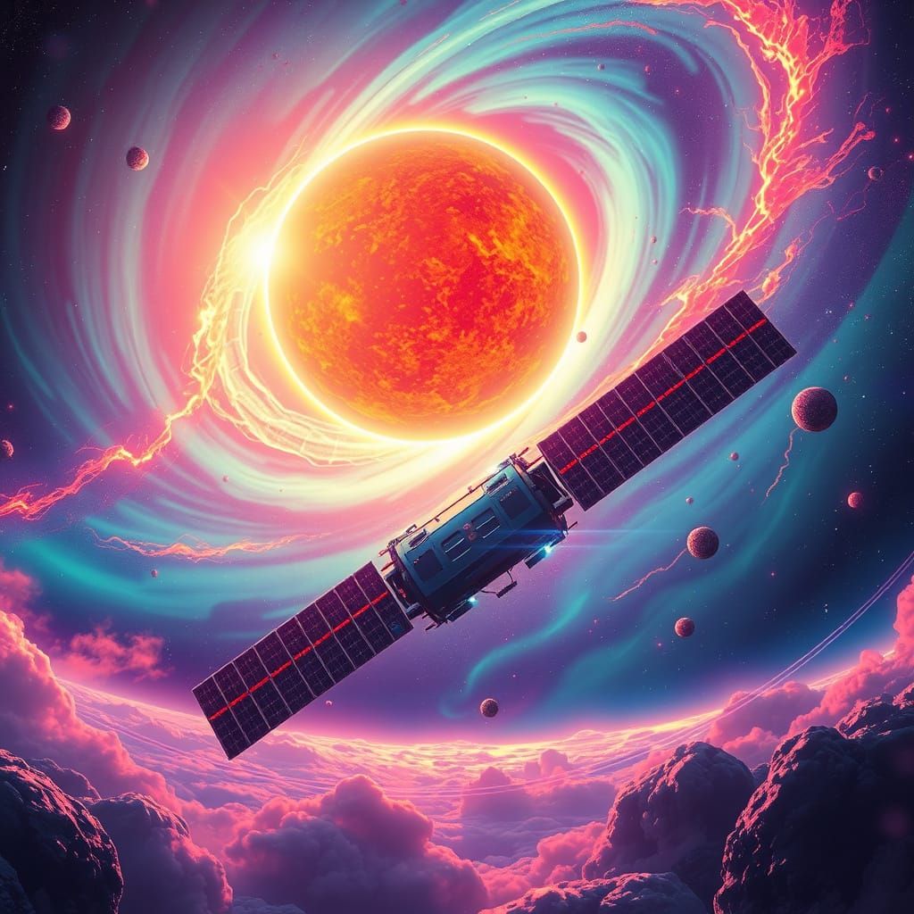 Satellite in Solar Storm, Futuristic Cosmic Art
