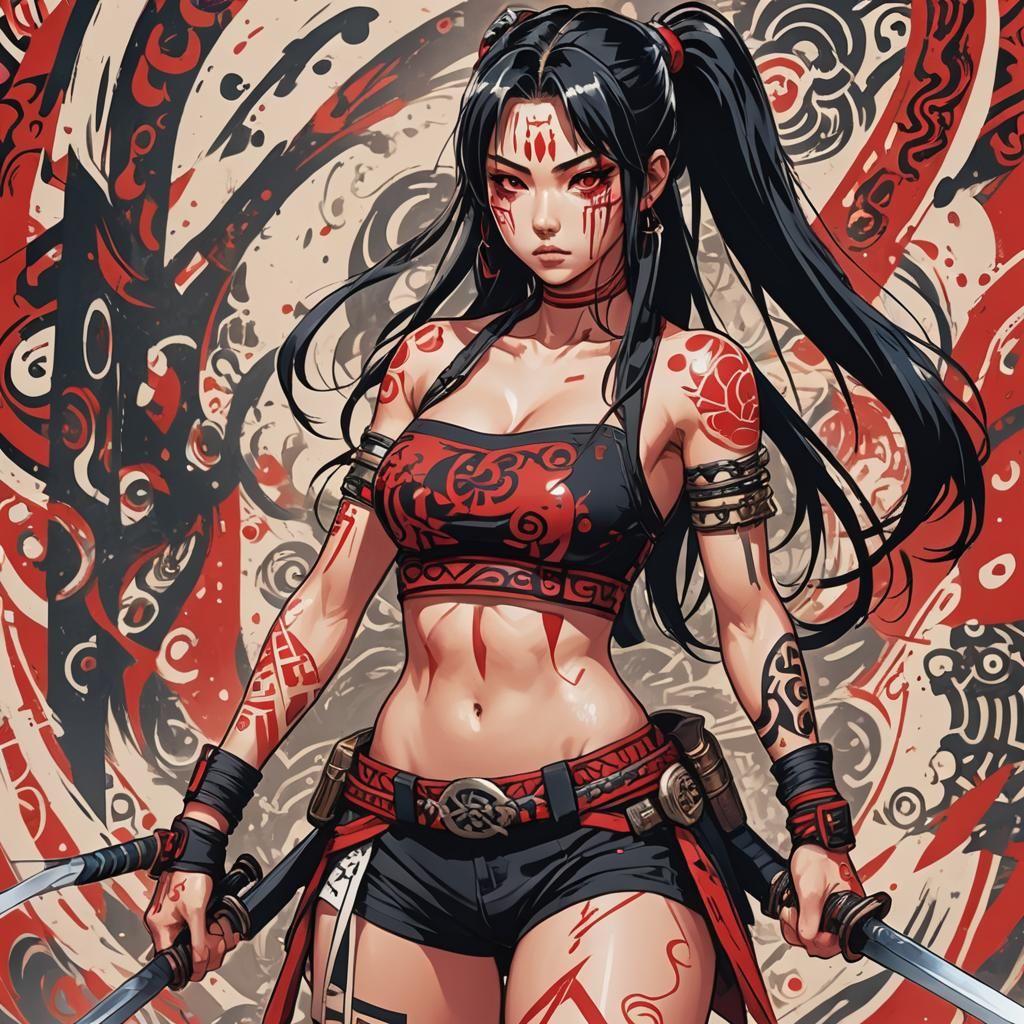 Anime Woman Warrior with Swords in Sunset Glow