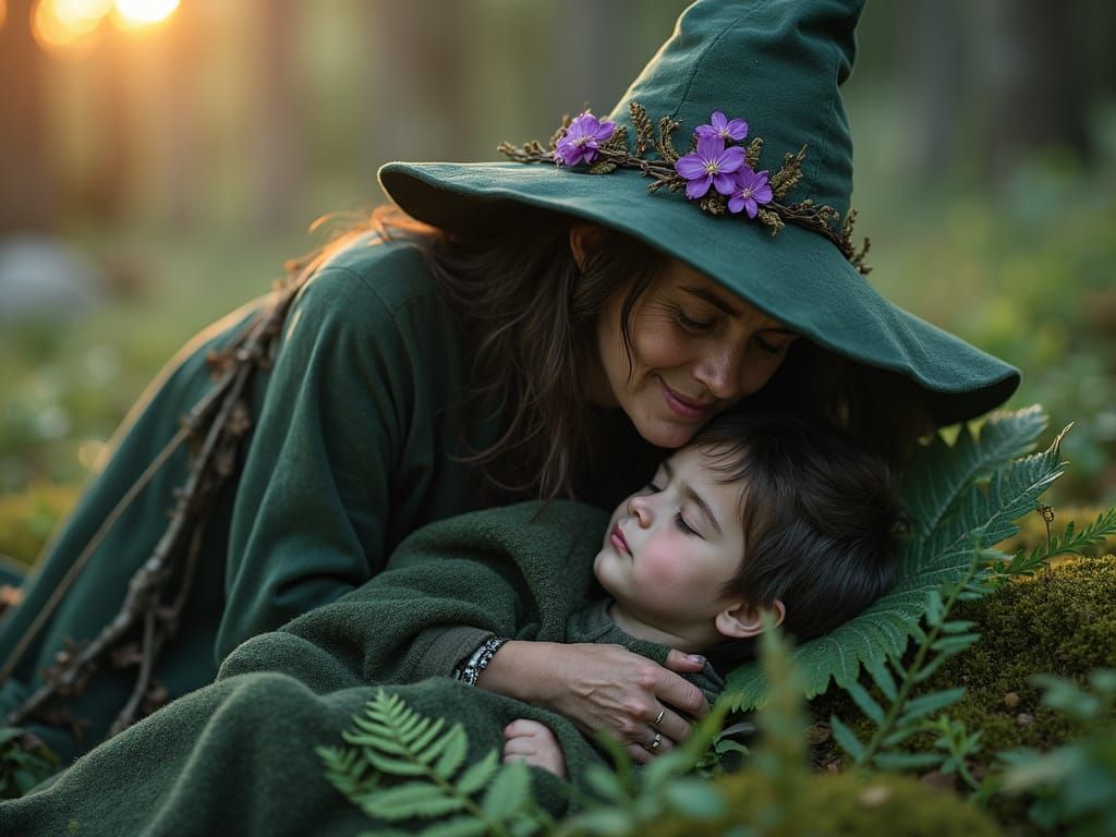 Caring Witch and Boy in Matte Painting Style
