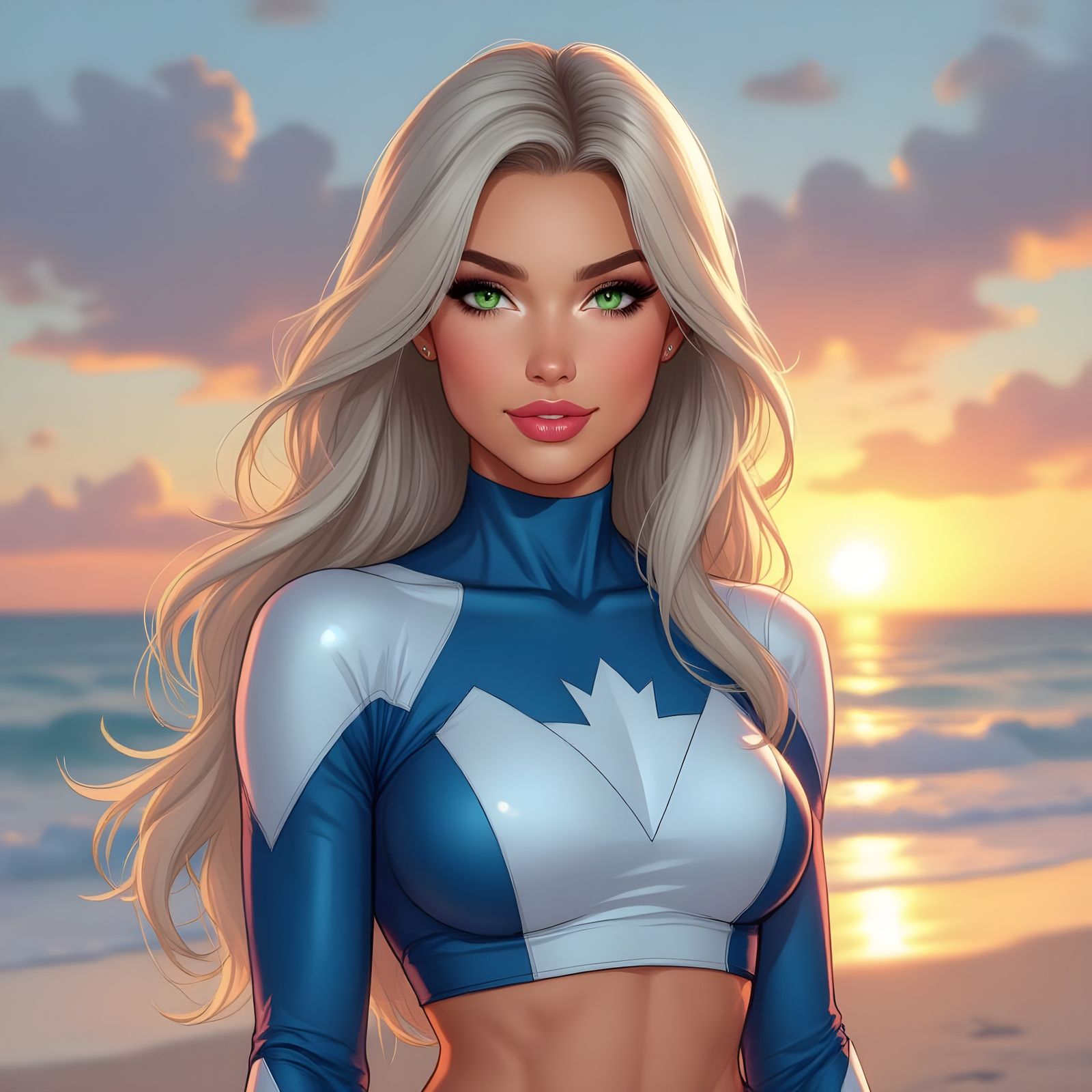Superheroine Strikes a Pose at Beach Sunset