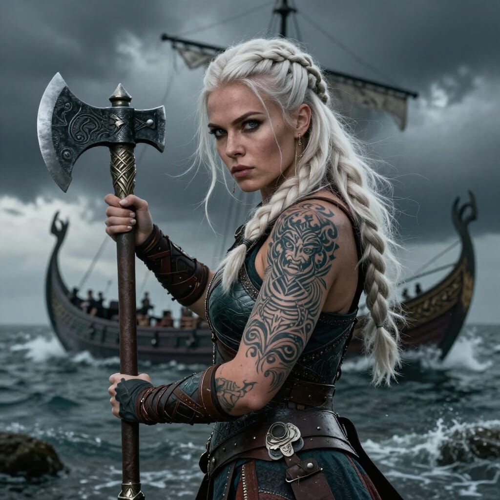 Fantasy Warrior Woman with Axe and Tattoos in Stormy Seas