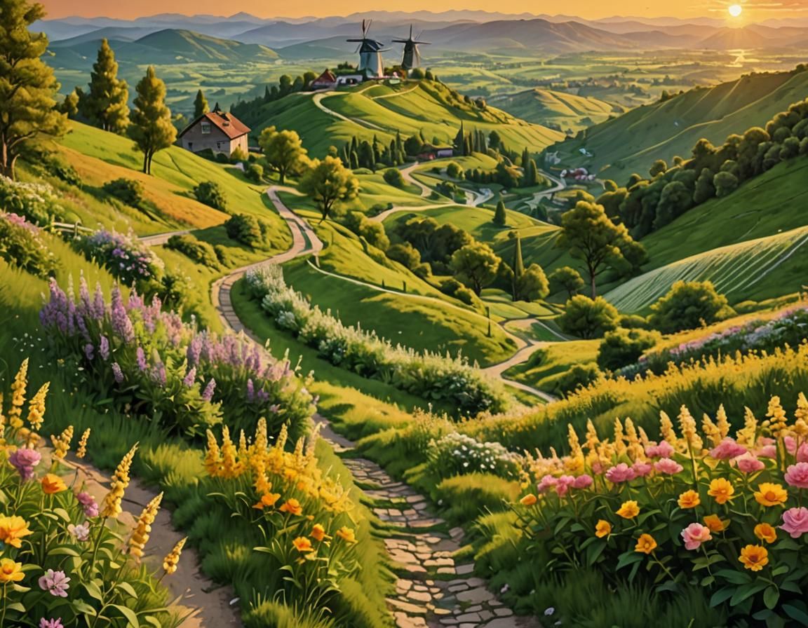 Scenic Mountain Path with Windmills at Sunset