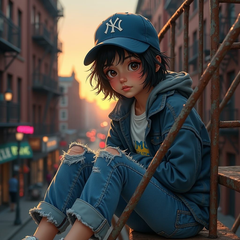 Teenage Girl on Fire Escape at Dusk in Moody Urban Style