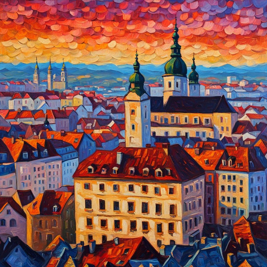Bratislava Cityscape in Vibrant Neo-Impressionist Style