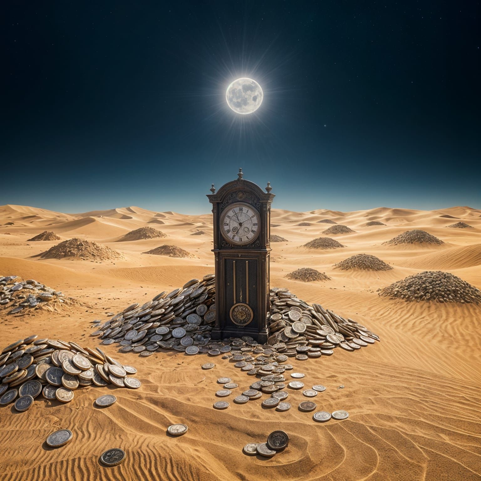 Desert Dunes of Coins with Grandfather Clock