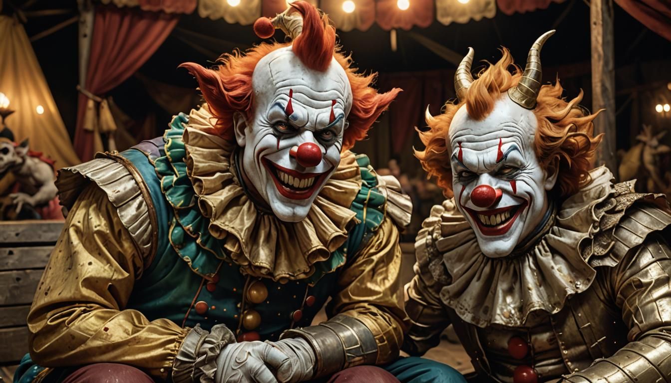 Clown and Dragon Portrait in Dimly Lit Circus