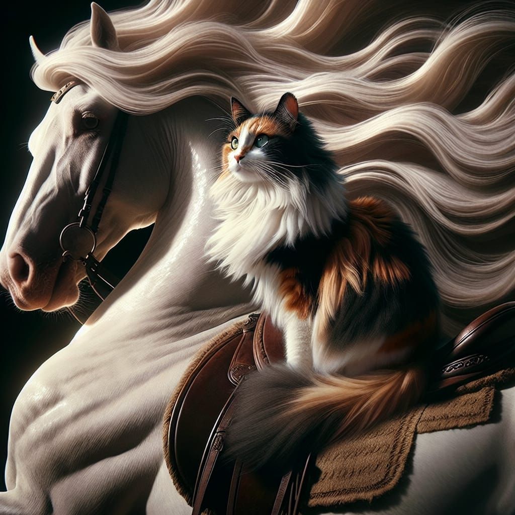 Calico Cat Rides Pegasus in Ethereal Scene