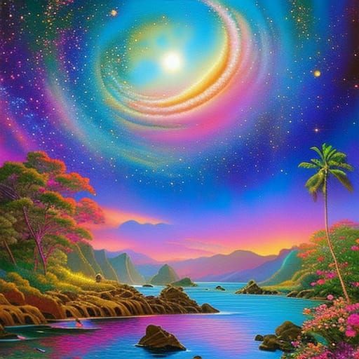 Radiant Hawaiian Landscape in Colorful Thomas Kinkade Style