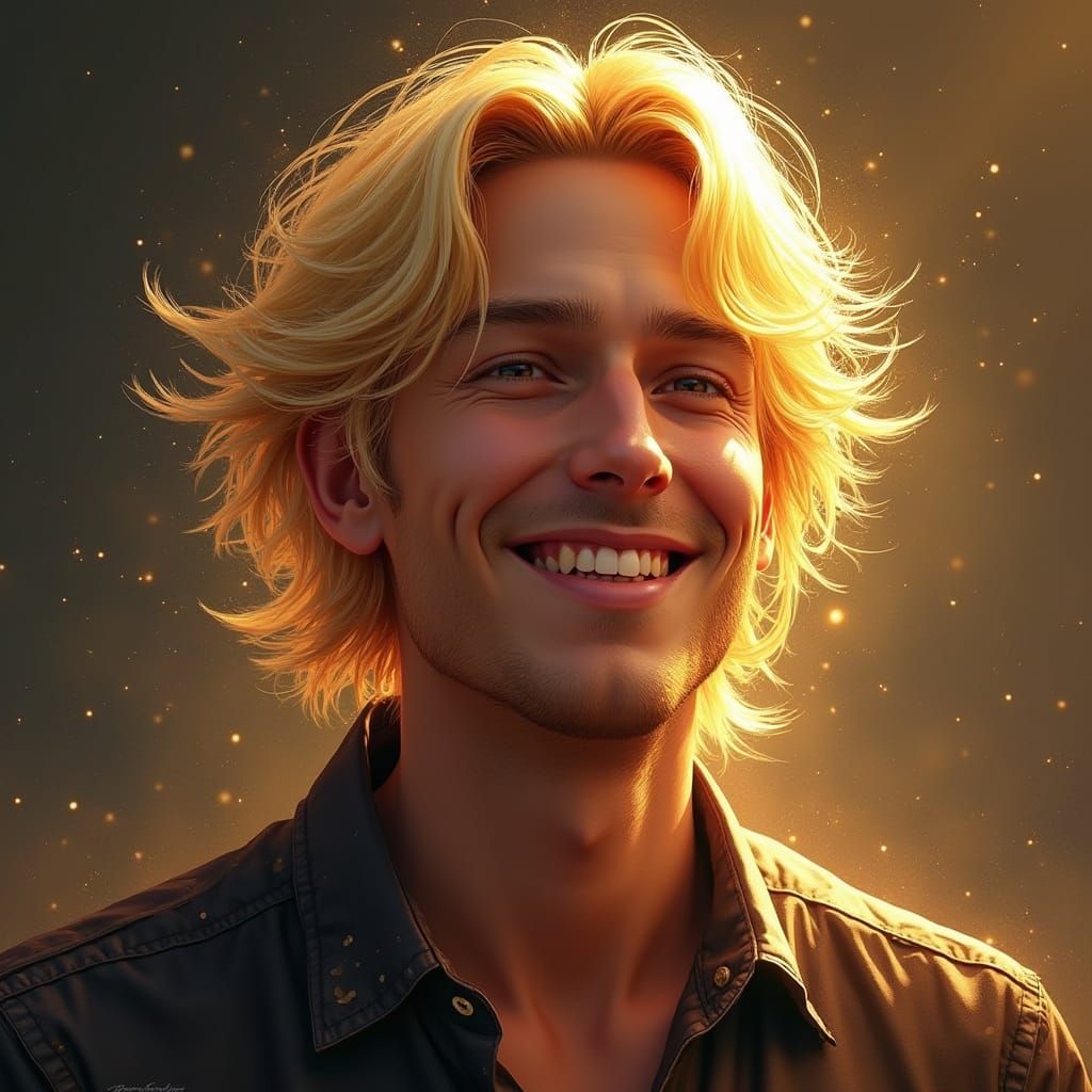 Golden Haired Man Smiling: Hyperdetailed Art Nouveau Portrai...
