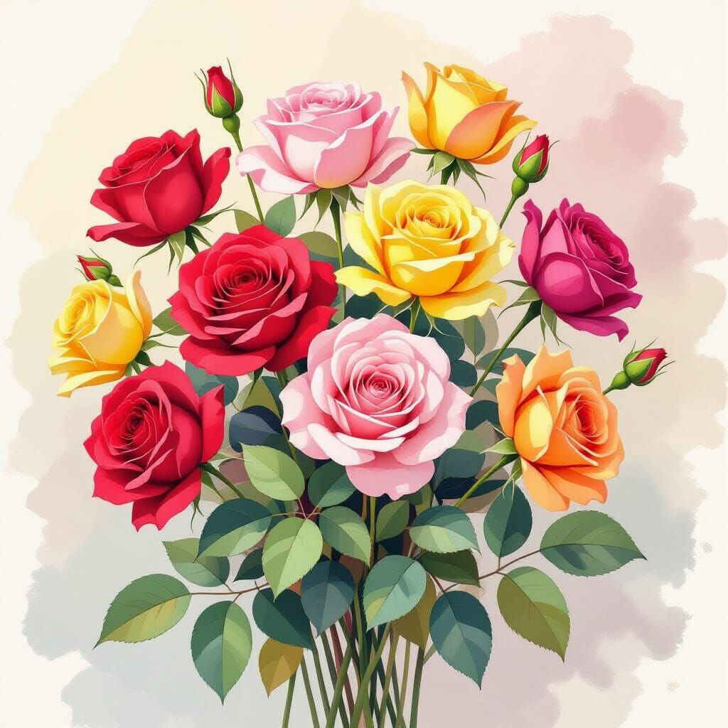 Vibrant Watercolor Roses in Full Bloom