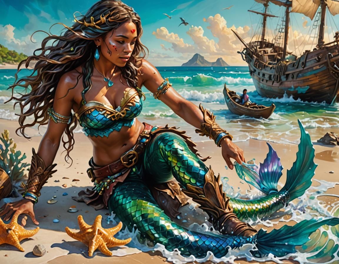 Mermaid Rescues Pirate in Caribbean Splash Art