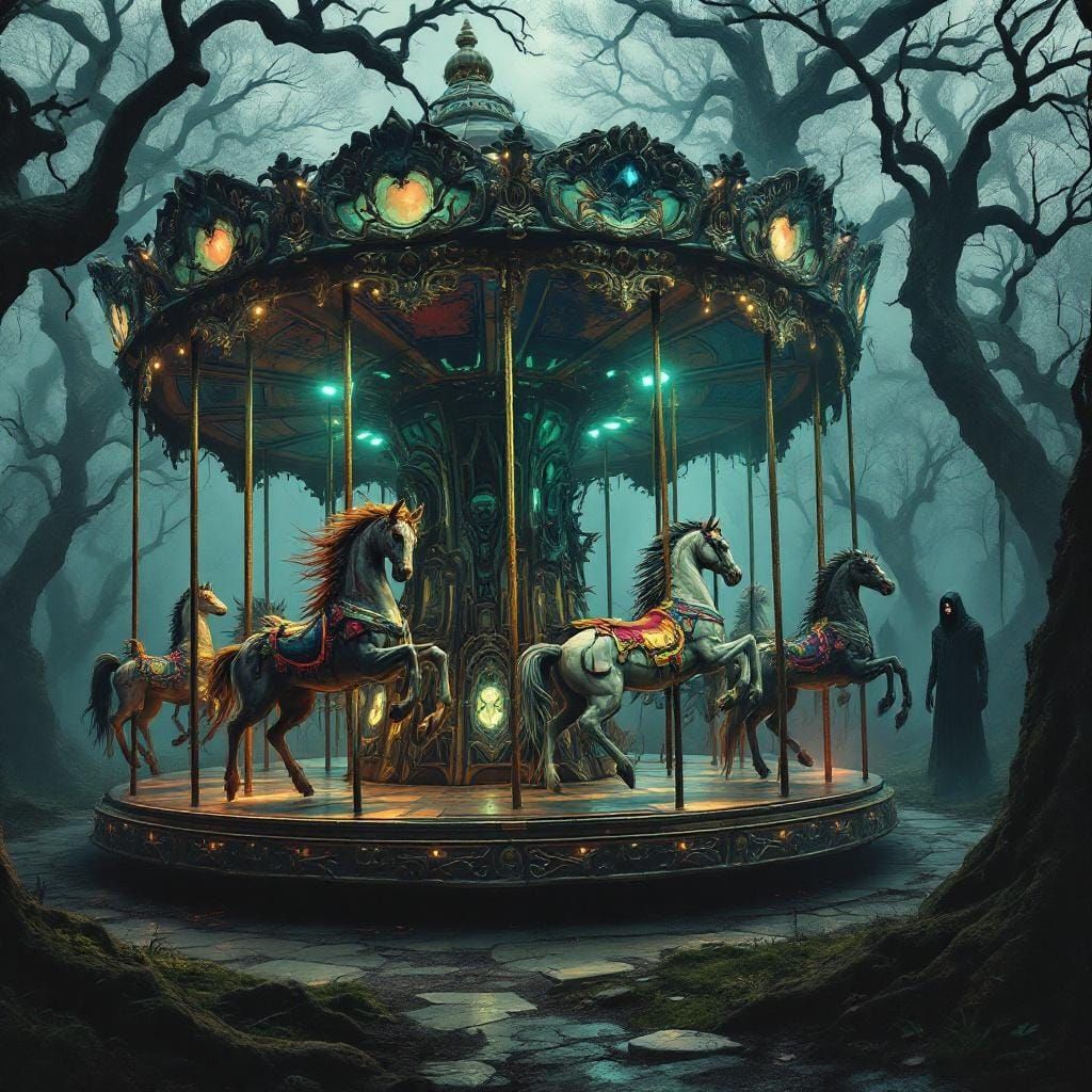 Surreal Carousel of Nightmare Creatures in Dark Forest