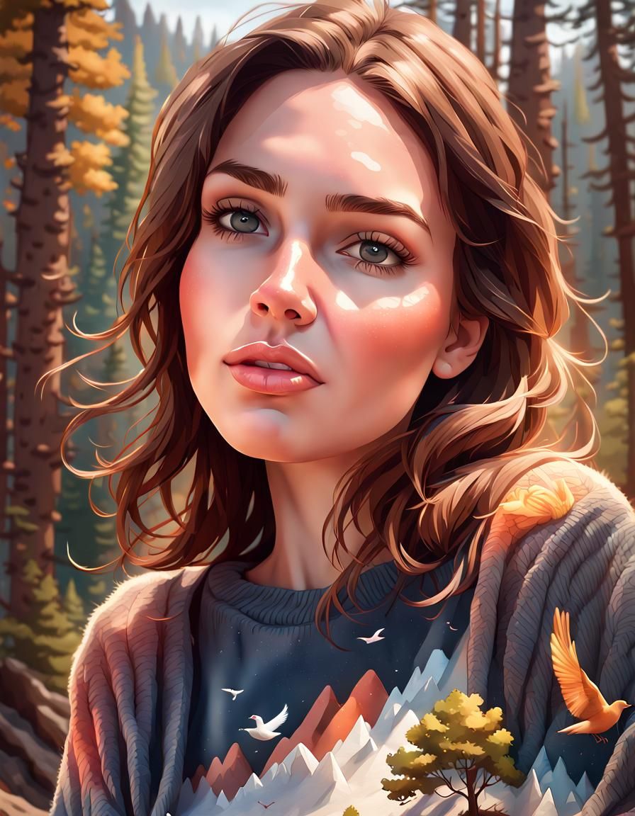 Woman in Mountain Landscape: Hyperdetailed Concept Art