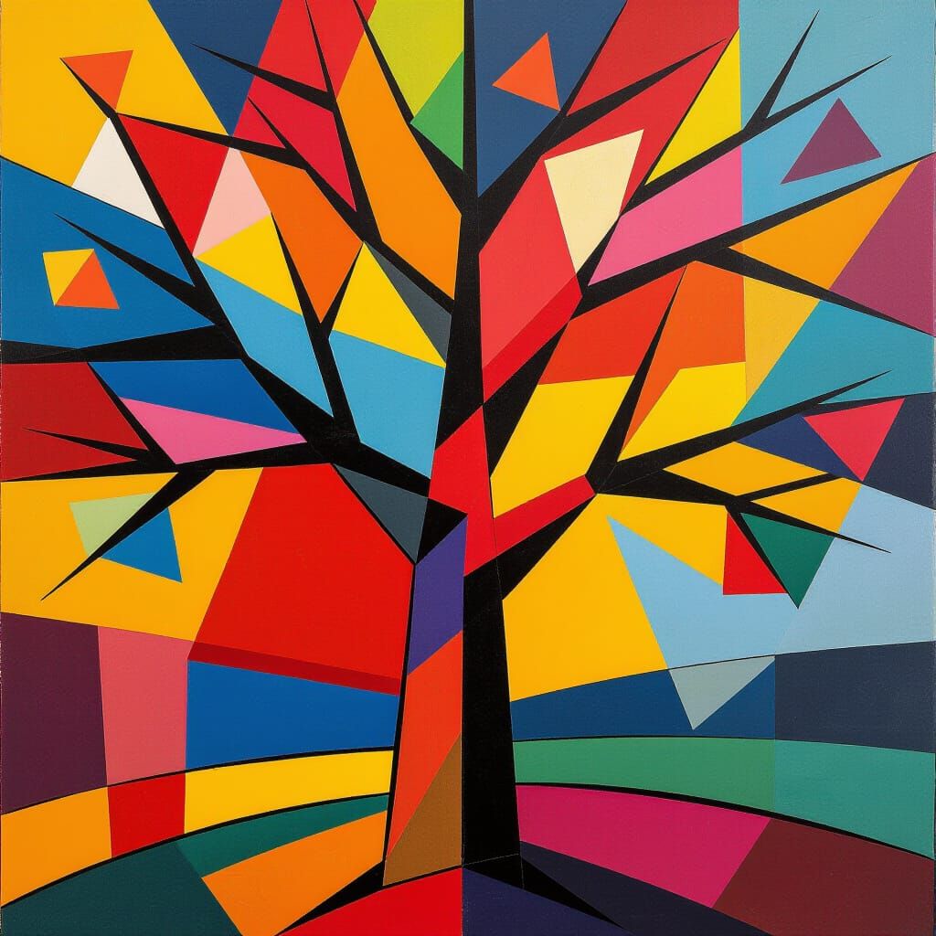 Neon Cubist Tree: Abstract Digital Art