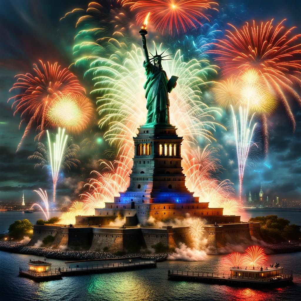 Fireworks Over Liberty Statue in Fantasy Art