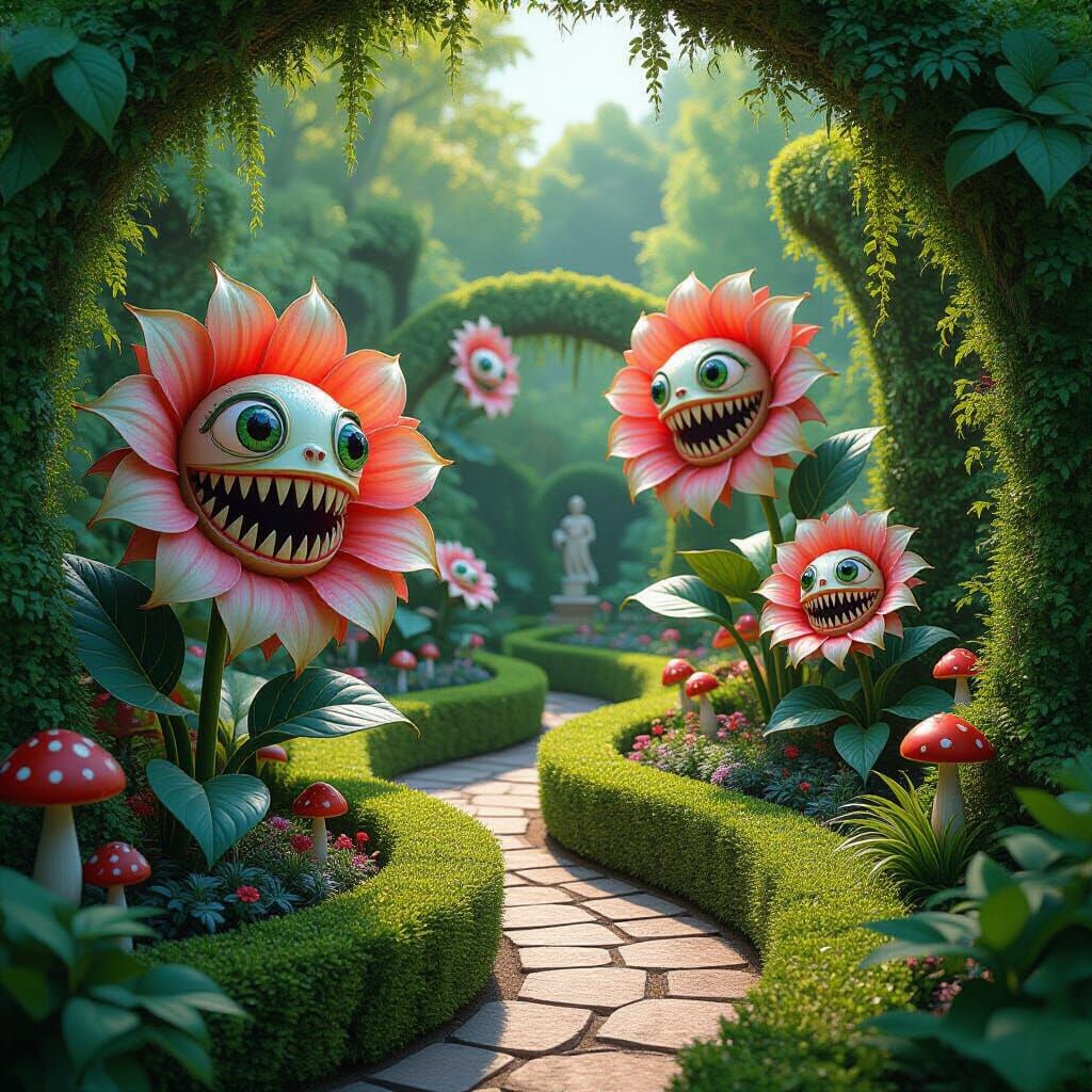 Surreal Garden with Flowers, Neo-Cubism Art Deco Style