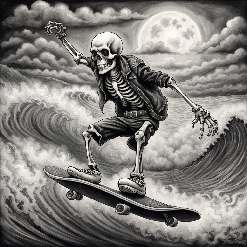 Punk Rock Skeleton Surfing Wave Charcoal Drawing