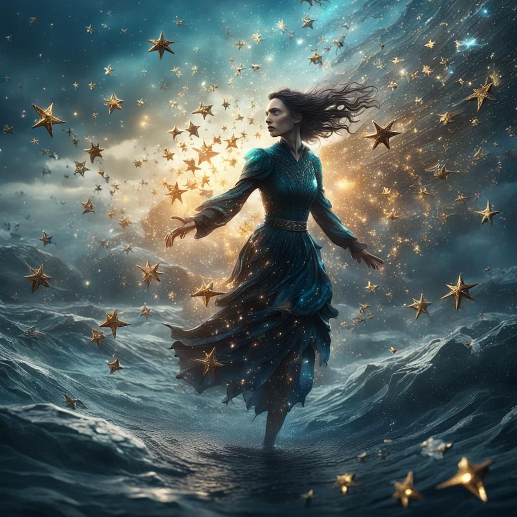 Shattering Glass Woman Merges with Starry Sea