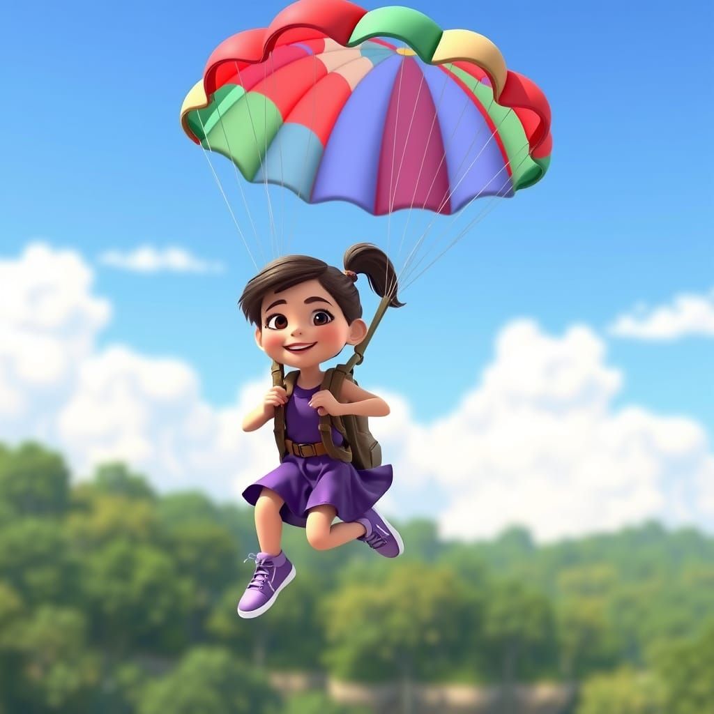 Girl Ruby Skydiving with Striped Parachute, 3D Render
