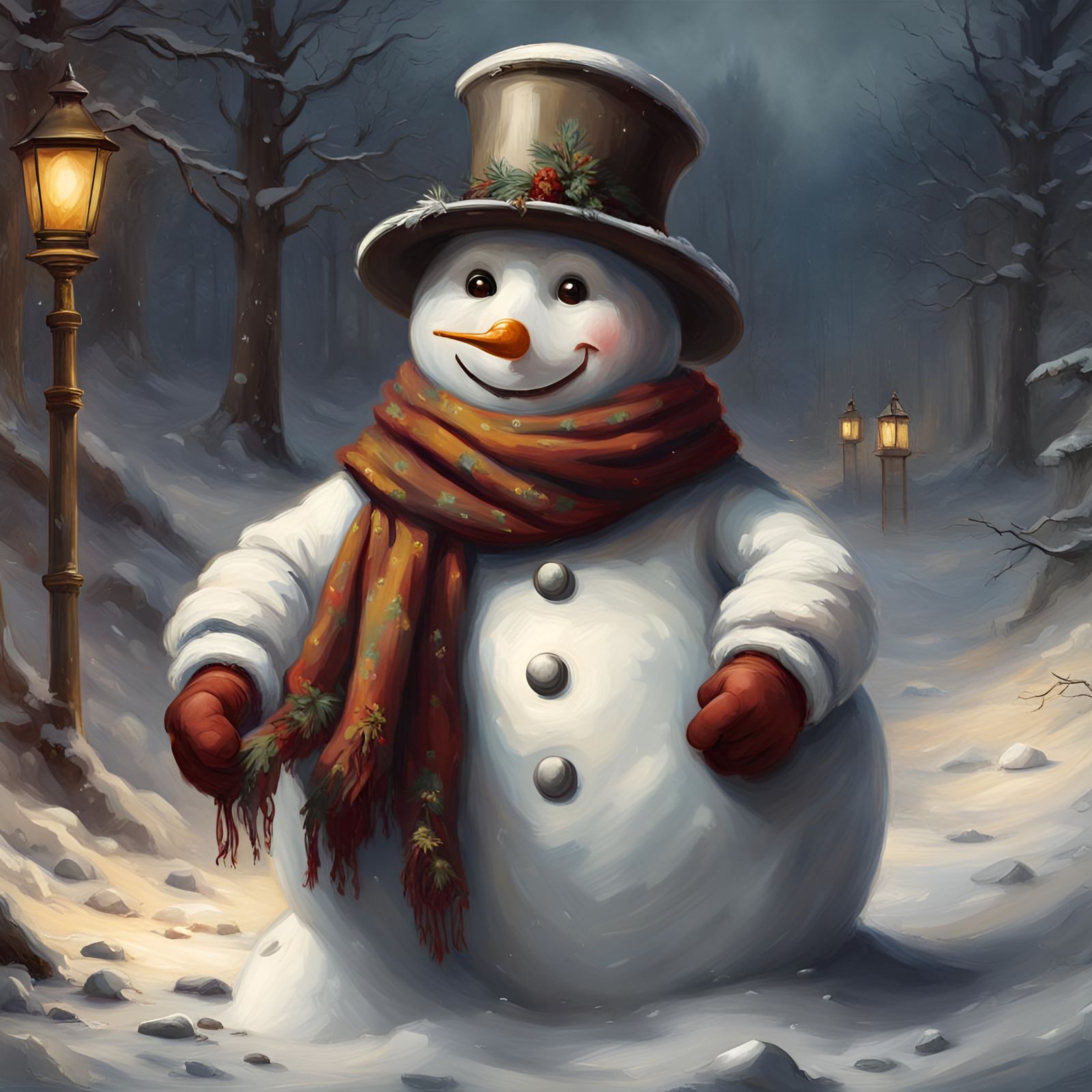 Snowman in Mittens, Antique Oil Painting