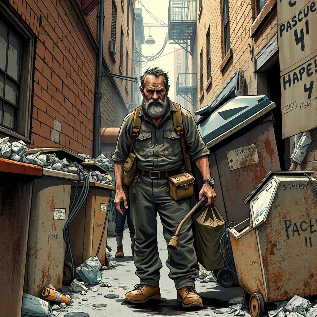 Gritty Sanitation Worker in a Grimy Urban Alleyway