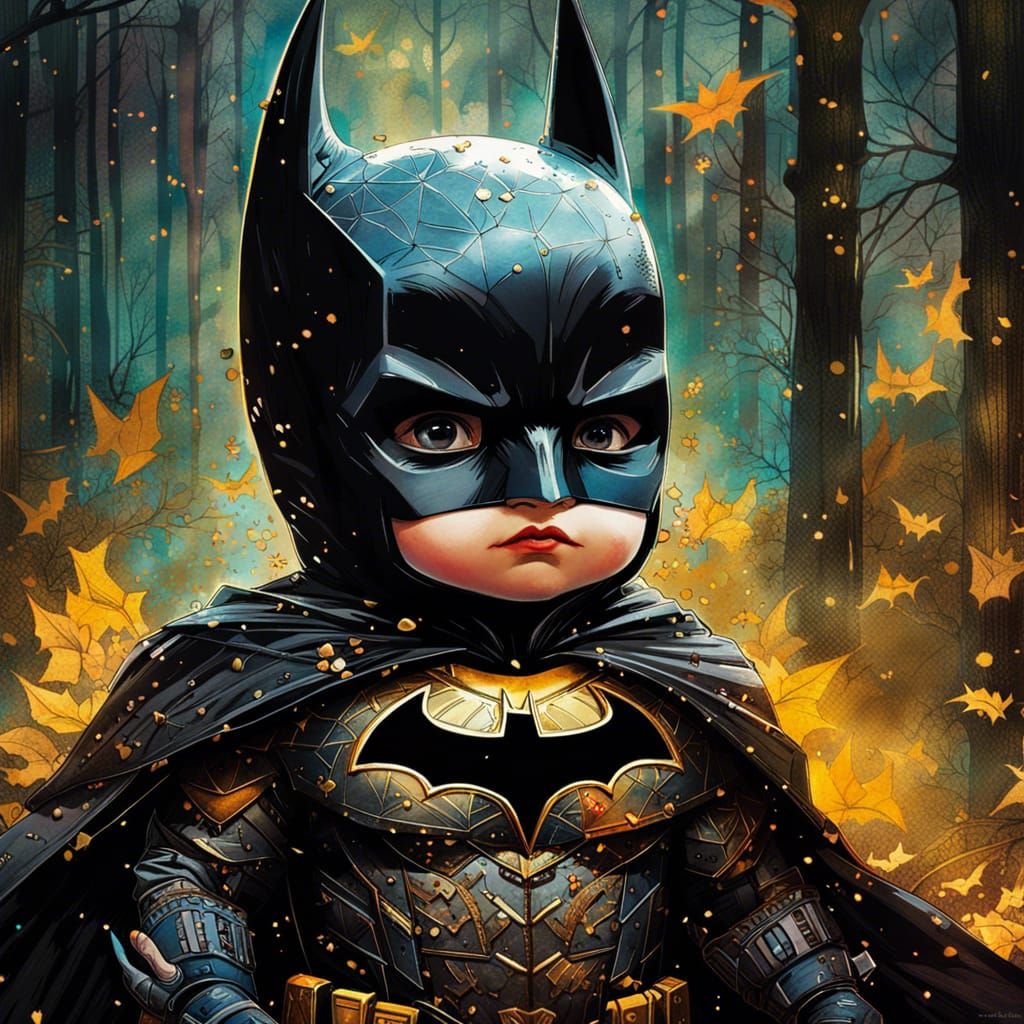 Baby Batman Portrait with Golden Outlines in Watercolor