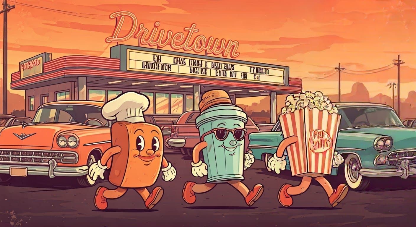Retro 1950s Drive-In with Animated Food Mascots