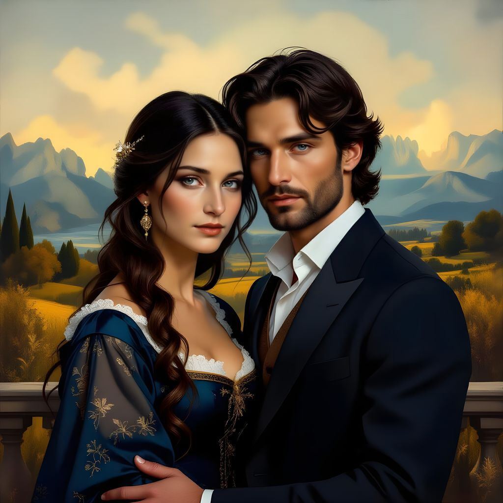 Renaissance Style Portrait of Ethereal Couple in Golden Ligh...