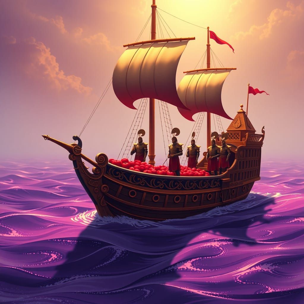 Majestic Apple Ship Sails Through Grape Sea with Marine Warr...