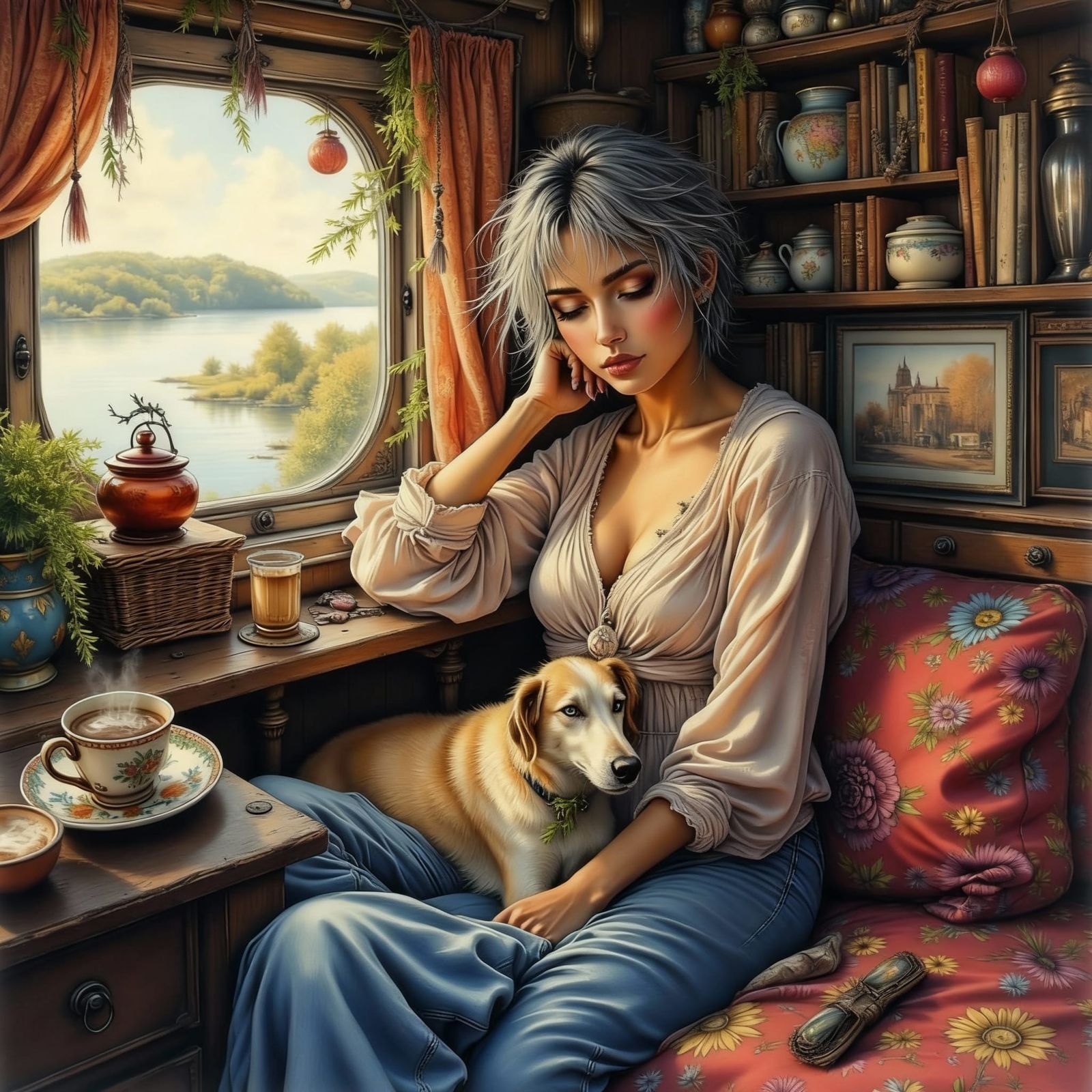 Elderly Woman Resting in Caravan with Lake View, Impasto Art