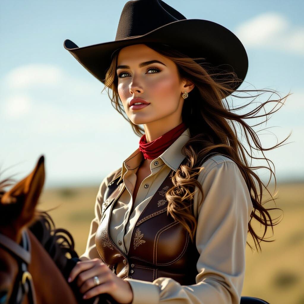 Woman Riding Horse Across Prairie, Cinematic Lighting