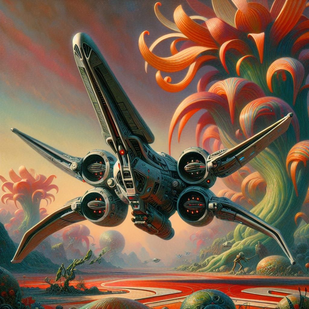 Stealth Starfighter on Alien Planet as Oil Painting