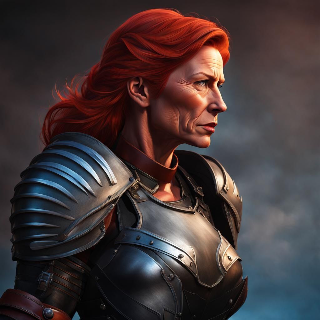 Hyperrealistic Warrior Woman in Black and Blue Armor